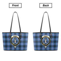 MacKay Blue Tartan Crest Leather Tote Bag