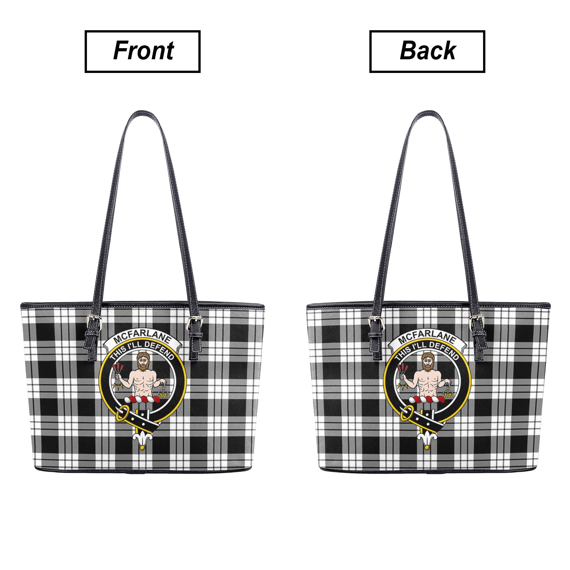 McFarlane Black _ White Tartan Crest Leather Tote Bag