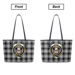 Menzies Black - White Modern Tartan Crest Leather Tote Bag