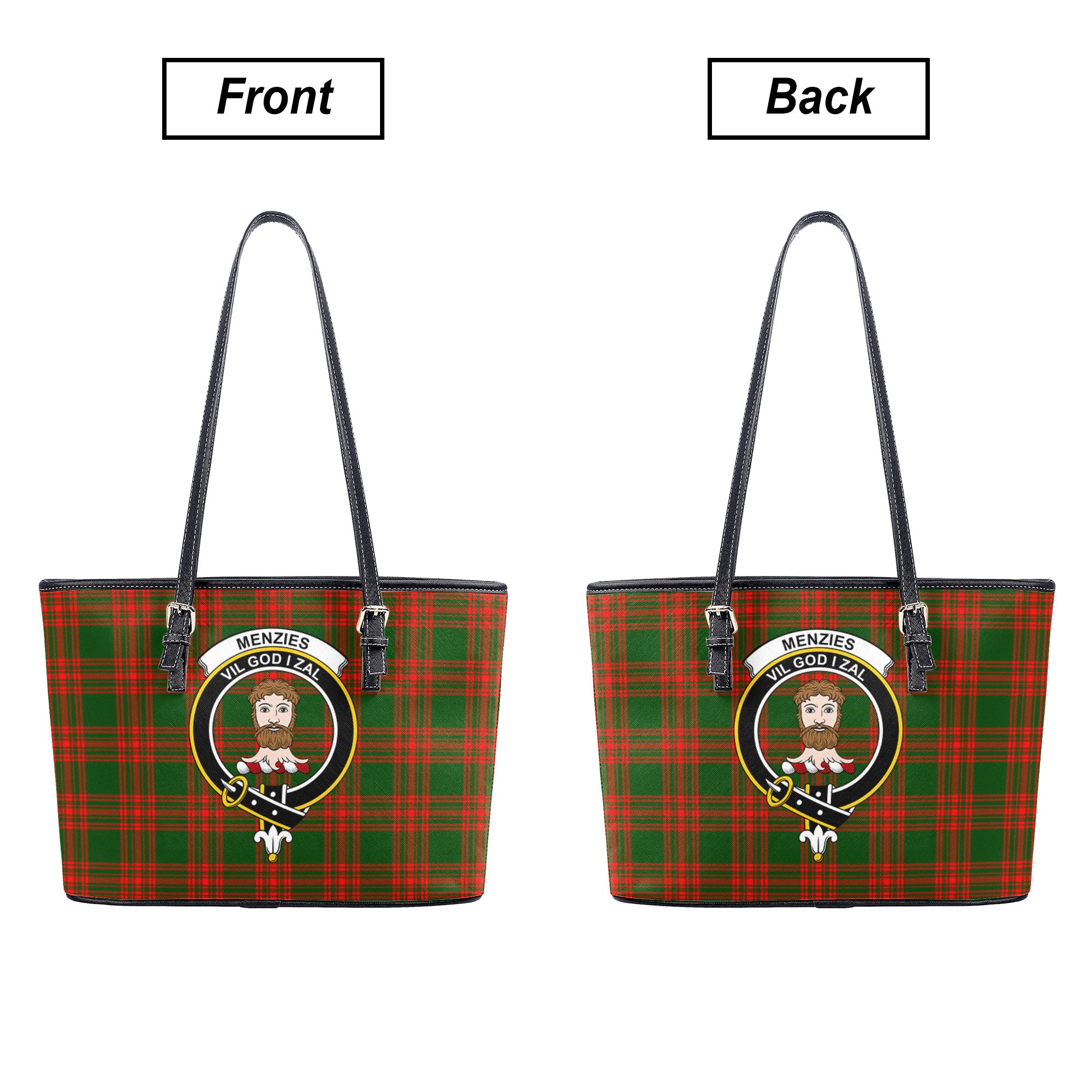 Menzies Green Modern Tartan Crest Leather Tote Bag