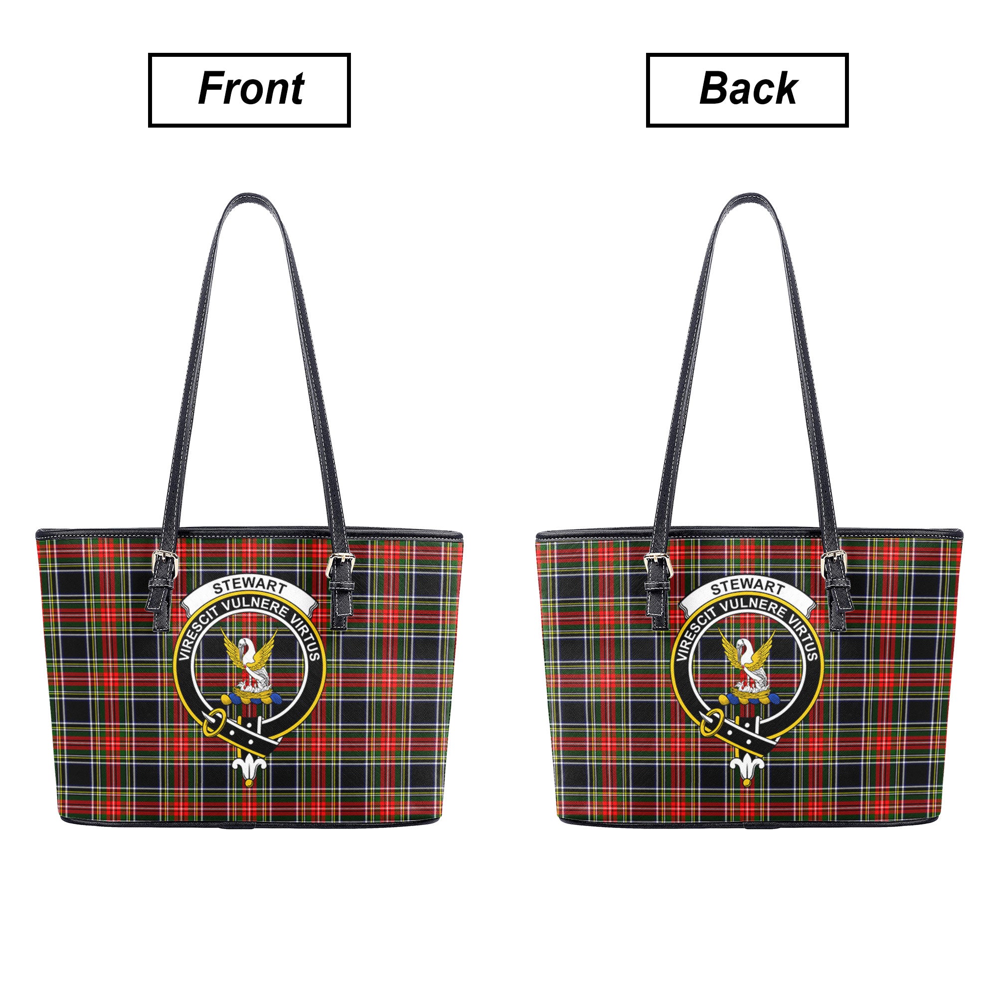 Stewart Black Tartan Crest Leather Tote Bag