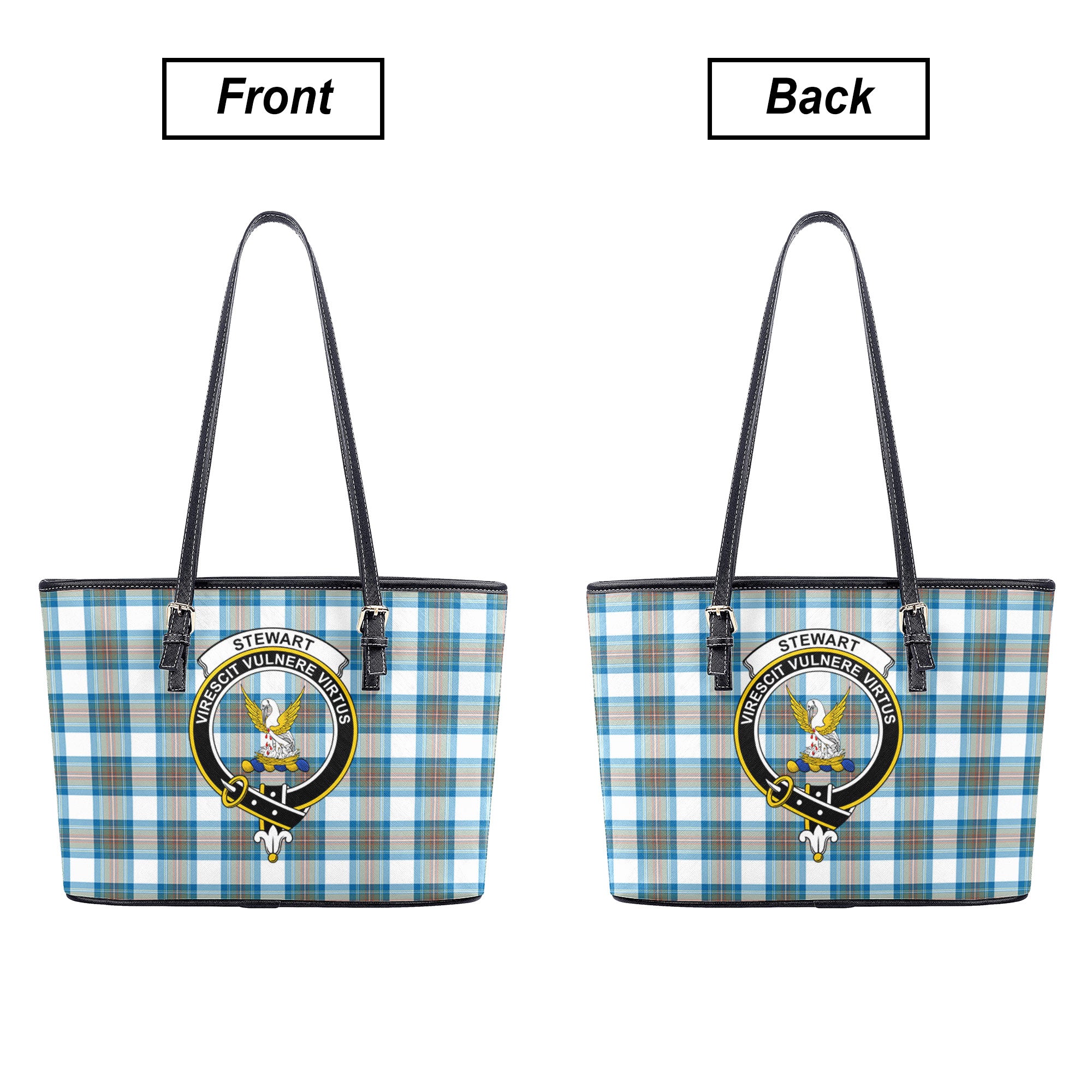 Stewart Muted Blue Tartan Crest Leather Tote Bag