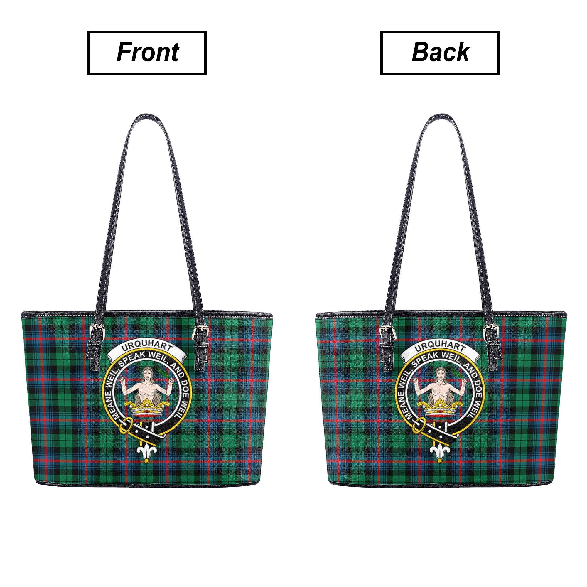 Urquhart Broad Red Ancient Tartan Crest Leather Tote Bag