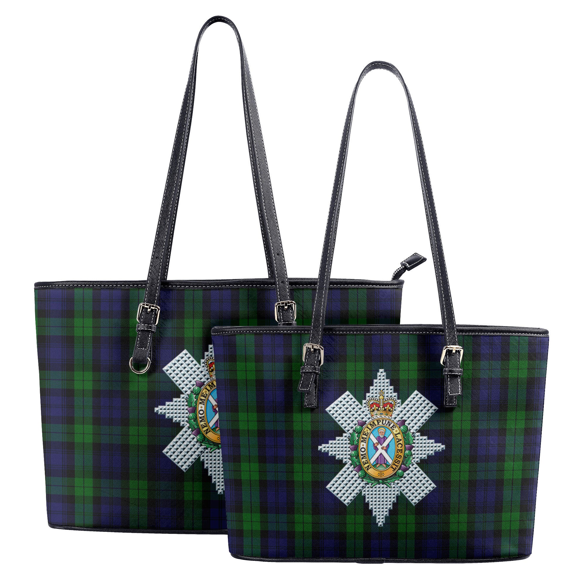 Black Watch Tartan Crest Leather Tote Bag