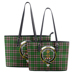 Gray Hunting Tartan Crest Leather Tote Bag