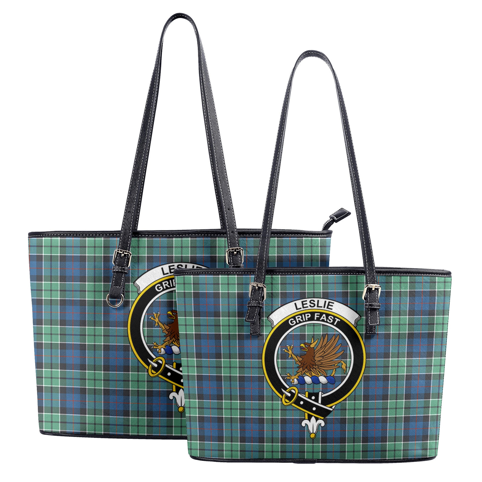 Leslie Hunting Ancient Tartan Crest Leather Tote Bag