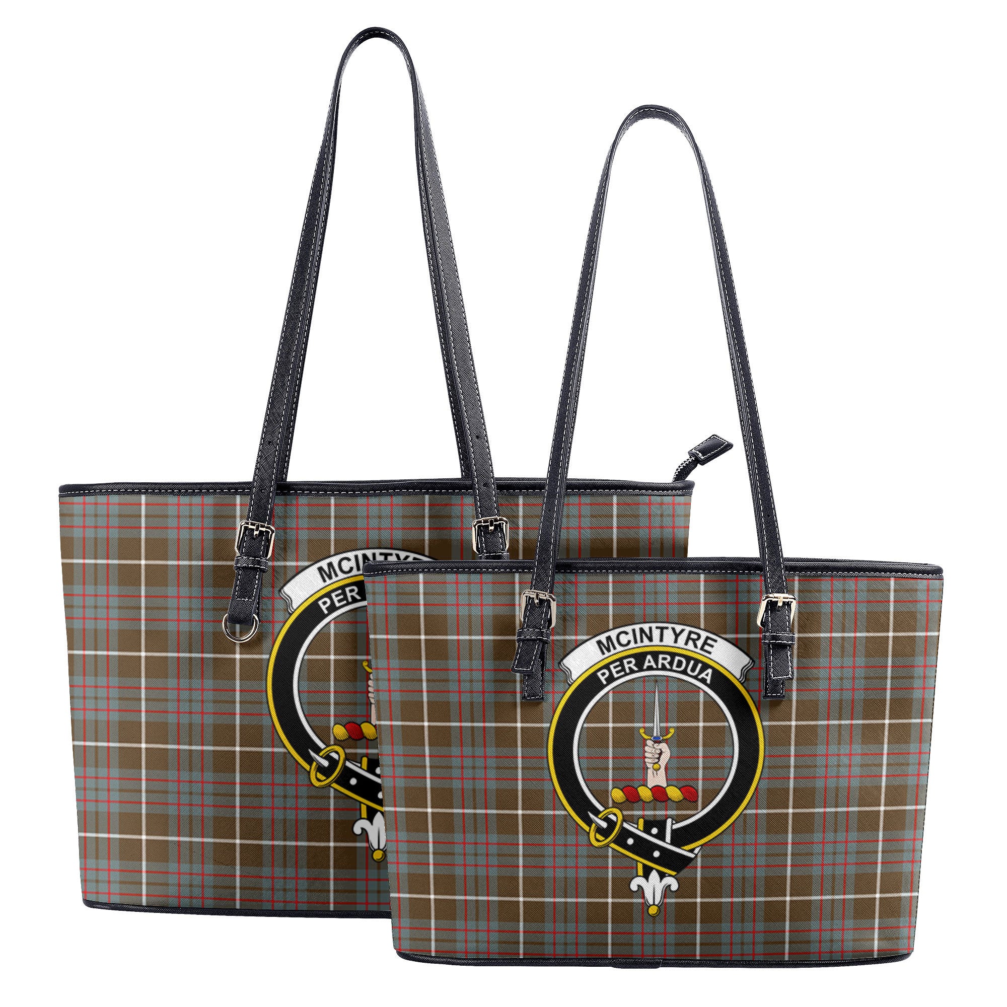 McIntyre Hunting Weathered Tartan Crest Leather Tote Bag