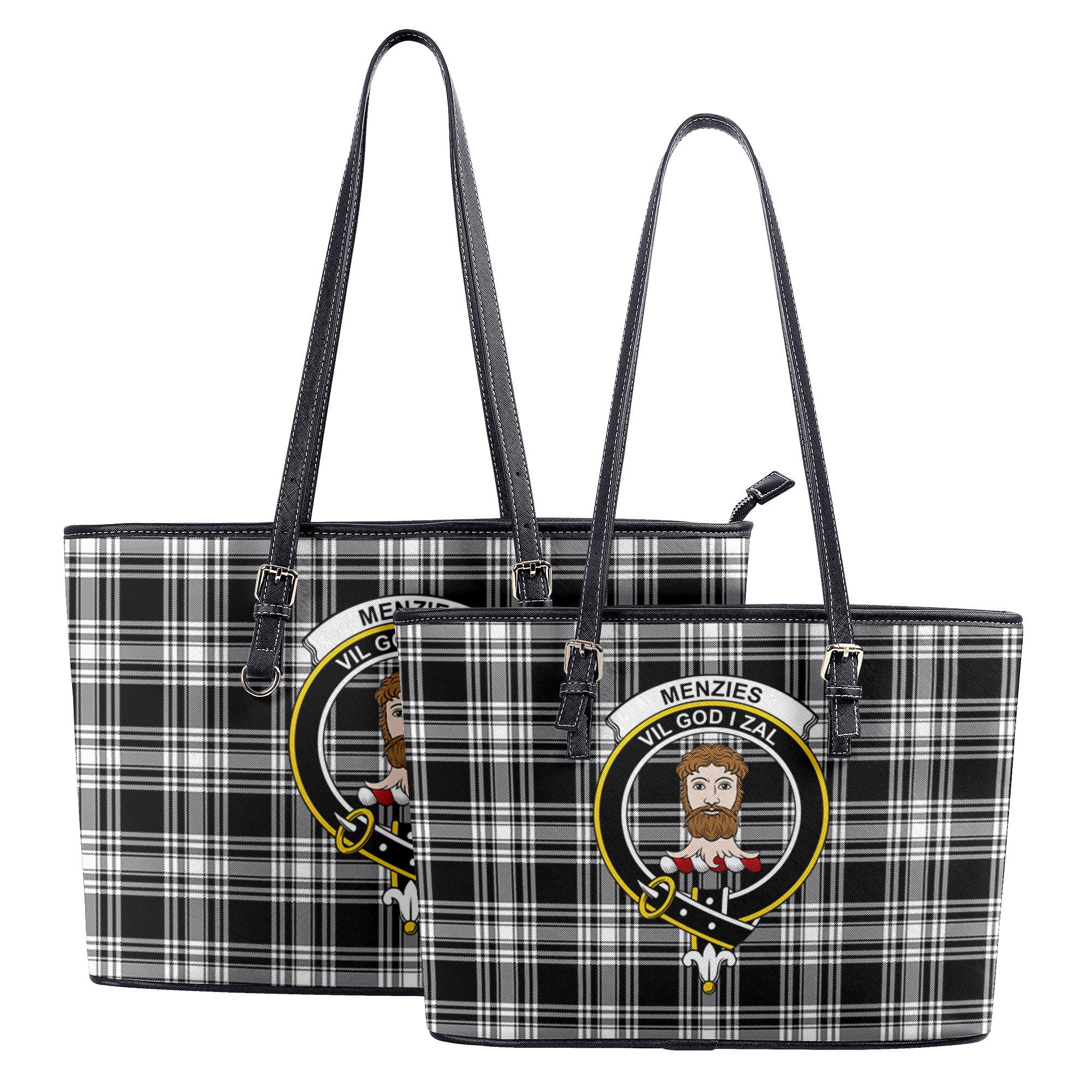 Menzies Black - White Modern Tartan Crest Leather Tote Bag