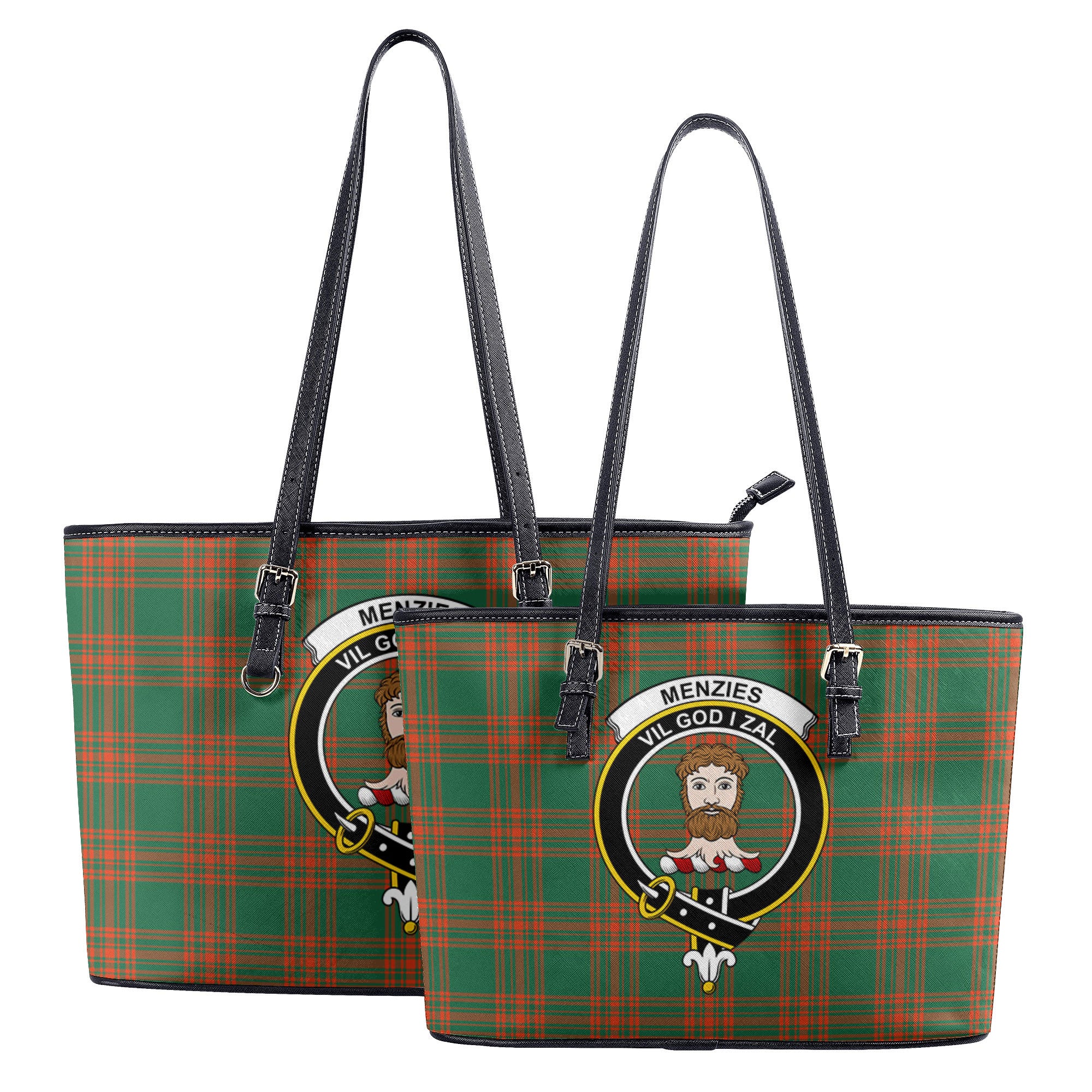 Menzies Green Ancient Tartan Crest Leather Tote Bag