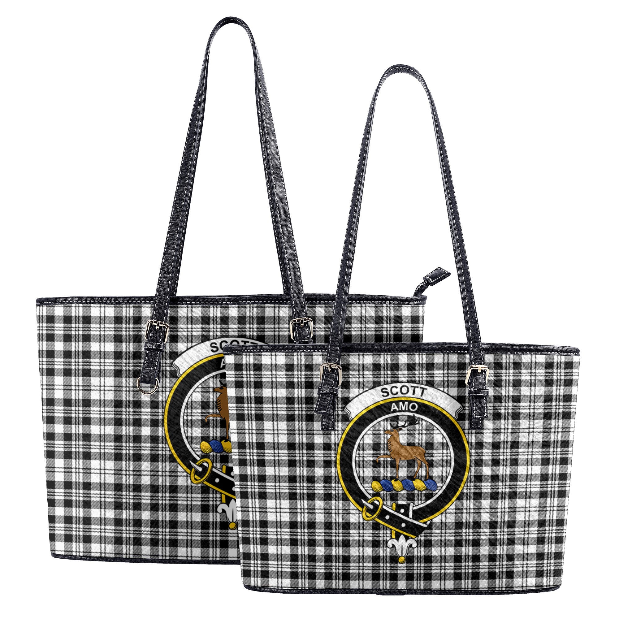 Scott Black & White Modern Tartan Crest Leather Tote Bag