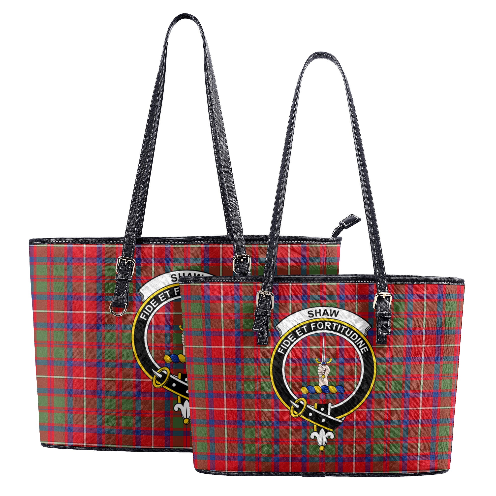 Shaw Red Modern Tartan Crest Leather Tote Bag