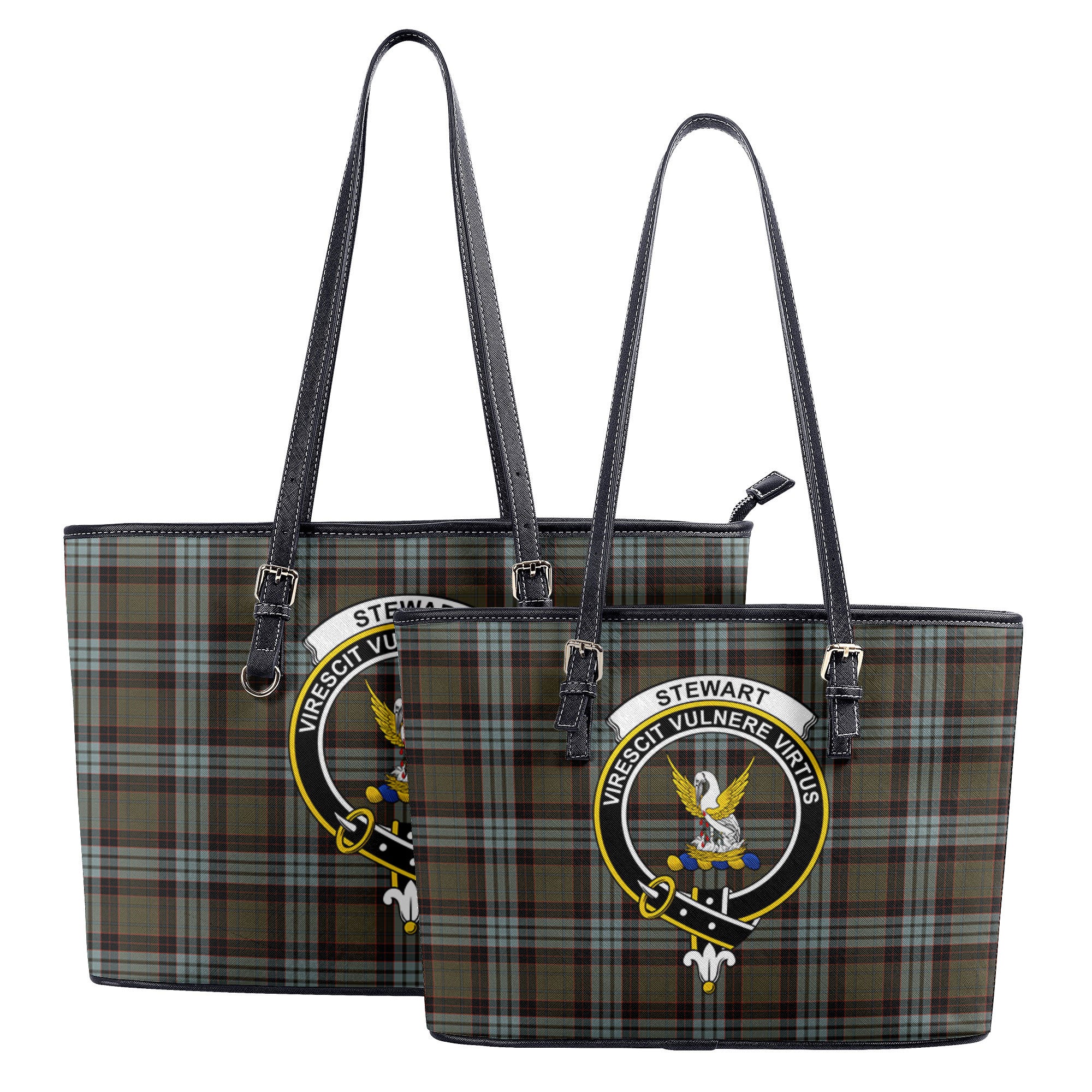 Stewart Old Weathered Tartan Crest Leather Tote Bag