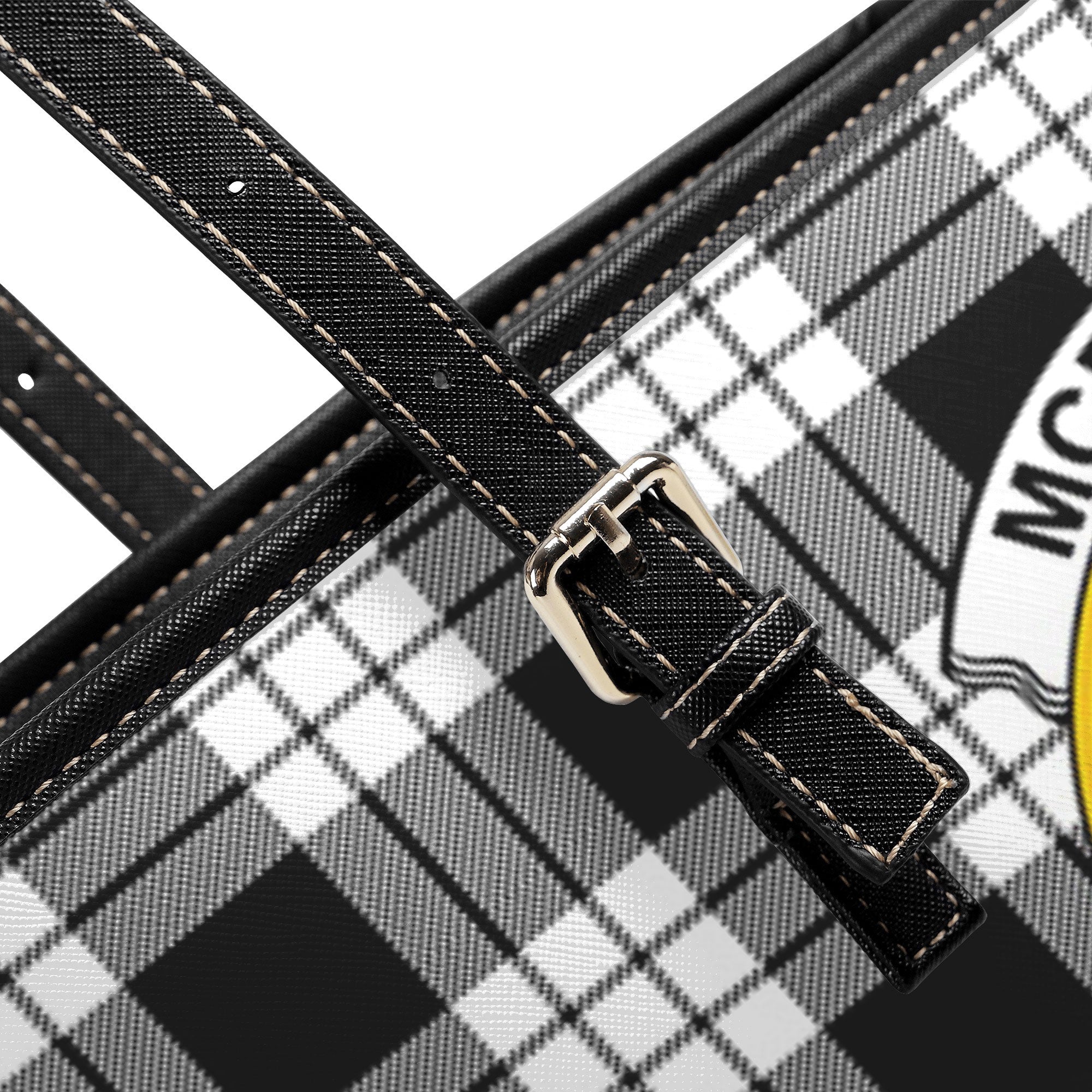 McFarlane Black _ White Tartan Crest Leather Tote Bag