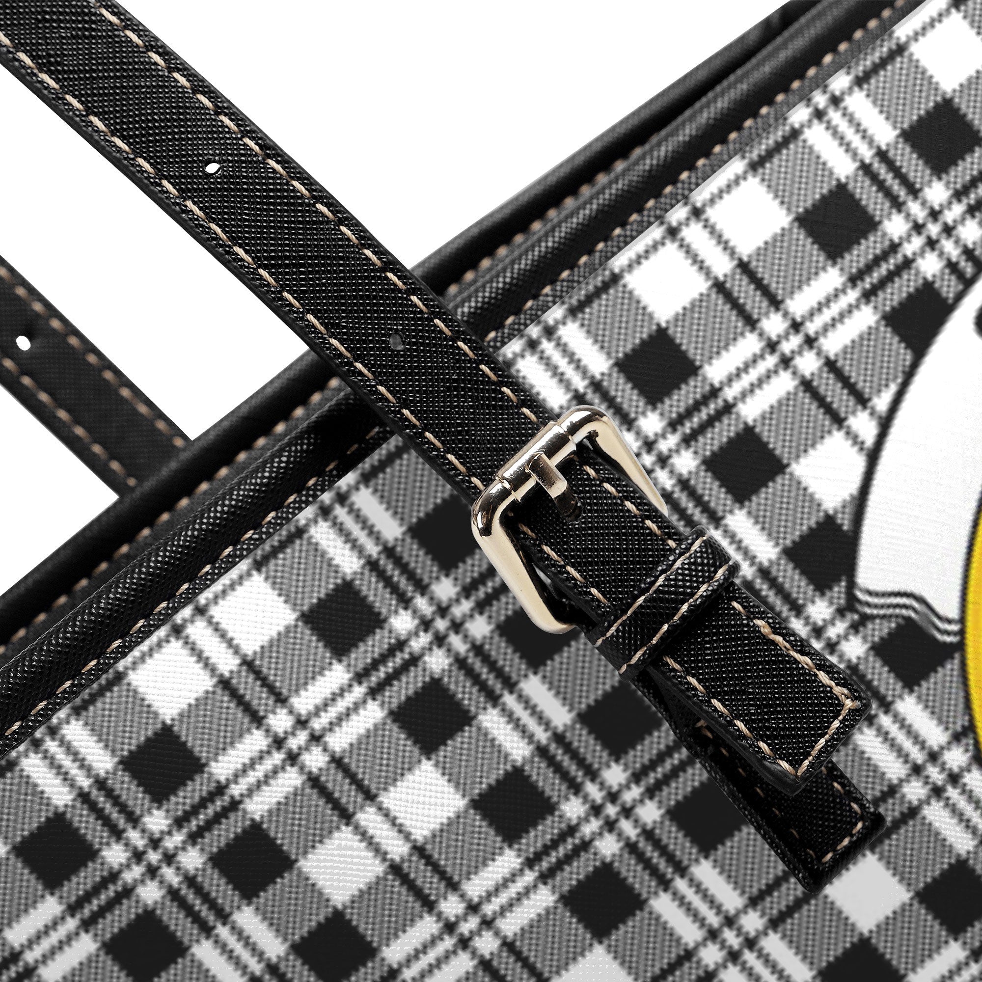 Scott Black & White Modern Tartan Crest Leather Tote Bag