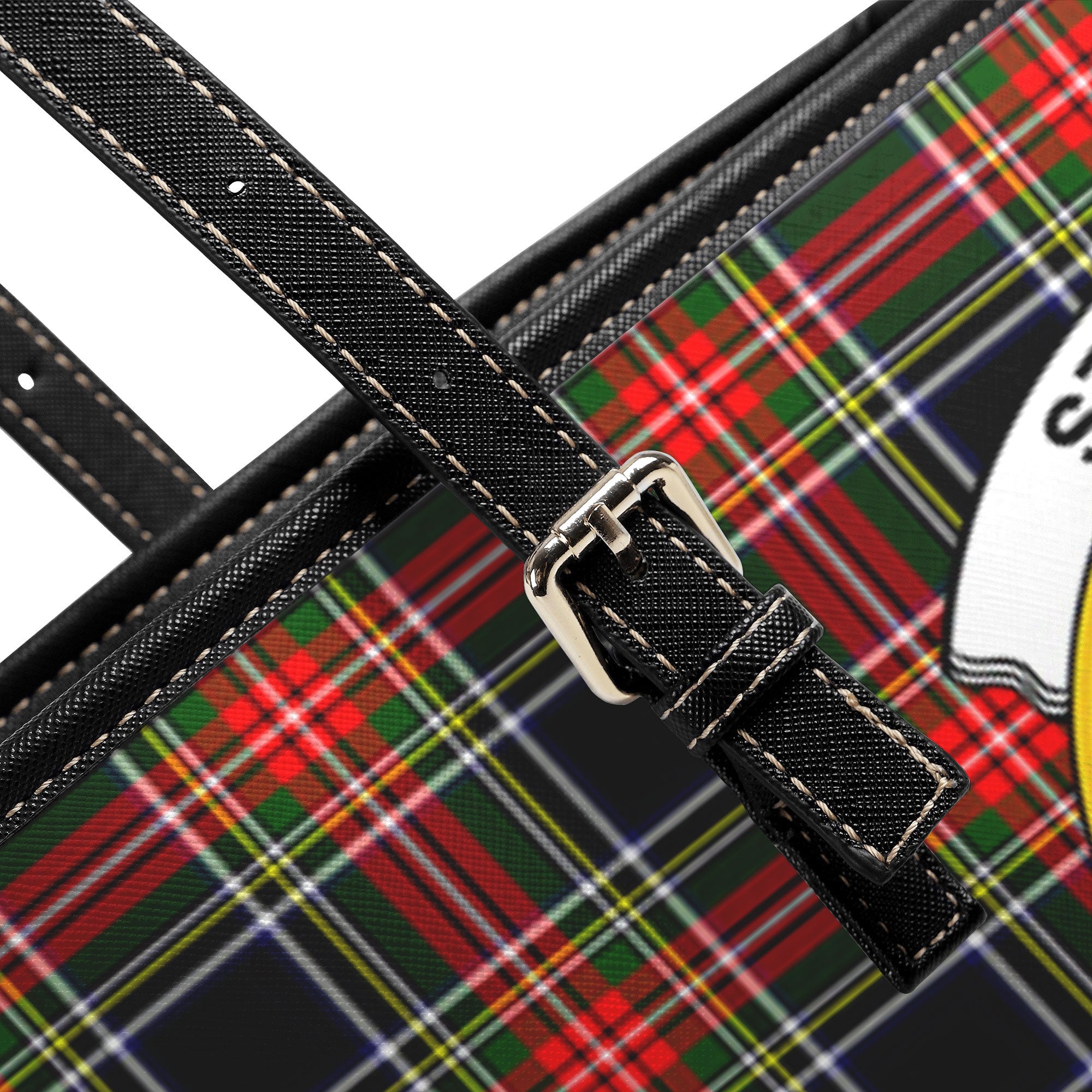 Stewart Black Tartan Crest Leather Tote Bag