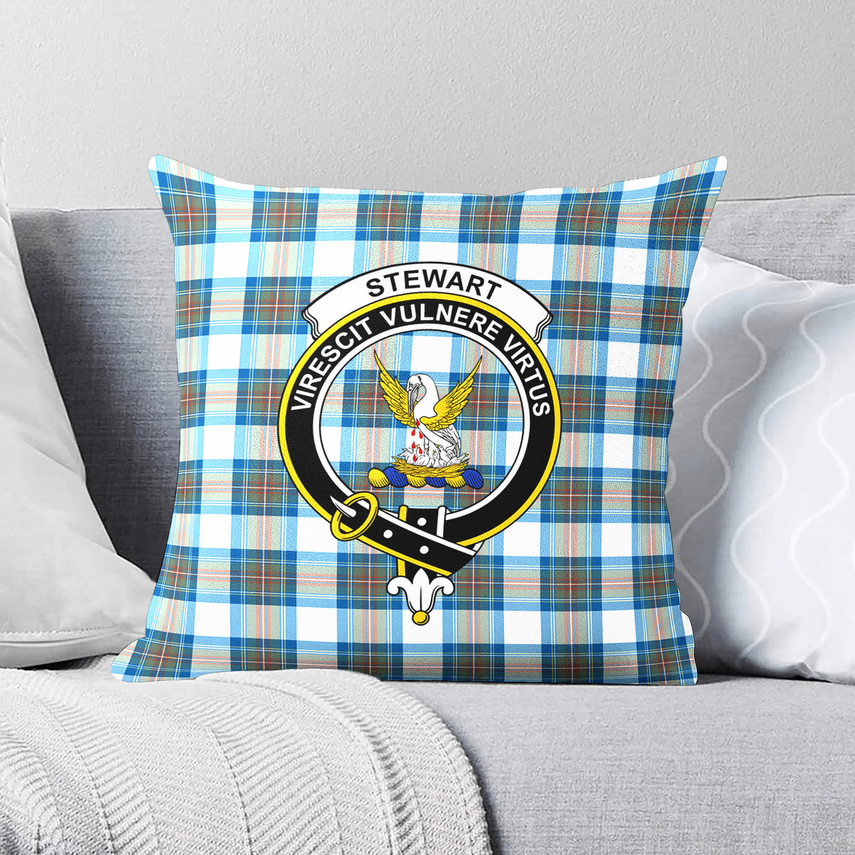 Stewart Muted Blue Tartan Crest Pillow Cover