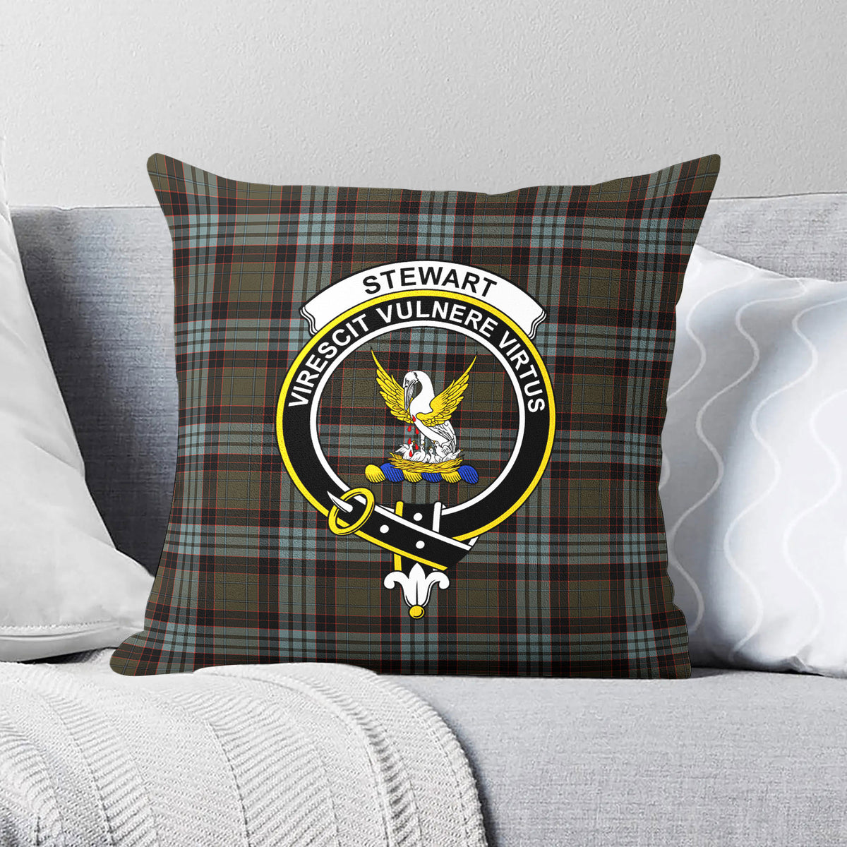 Stewart Old Weathered Tartan Crest Pillow Cover