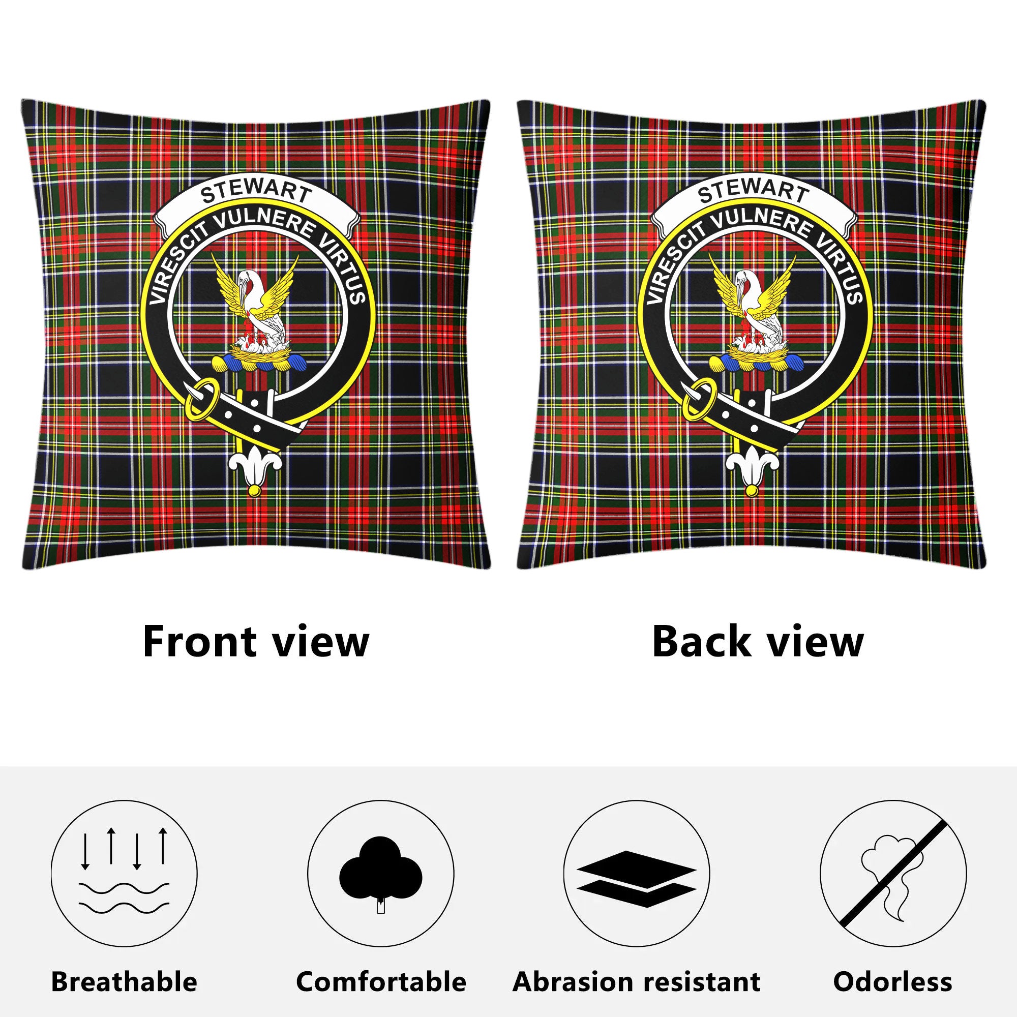 Stewart Black Tartan Crest Pillow Cover