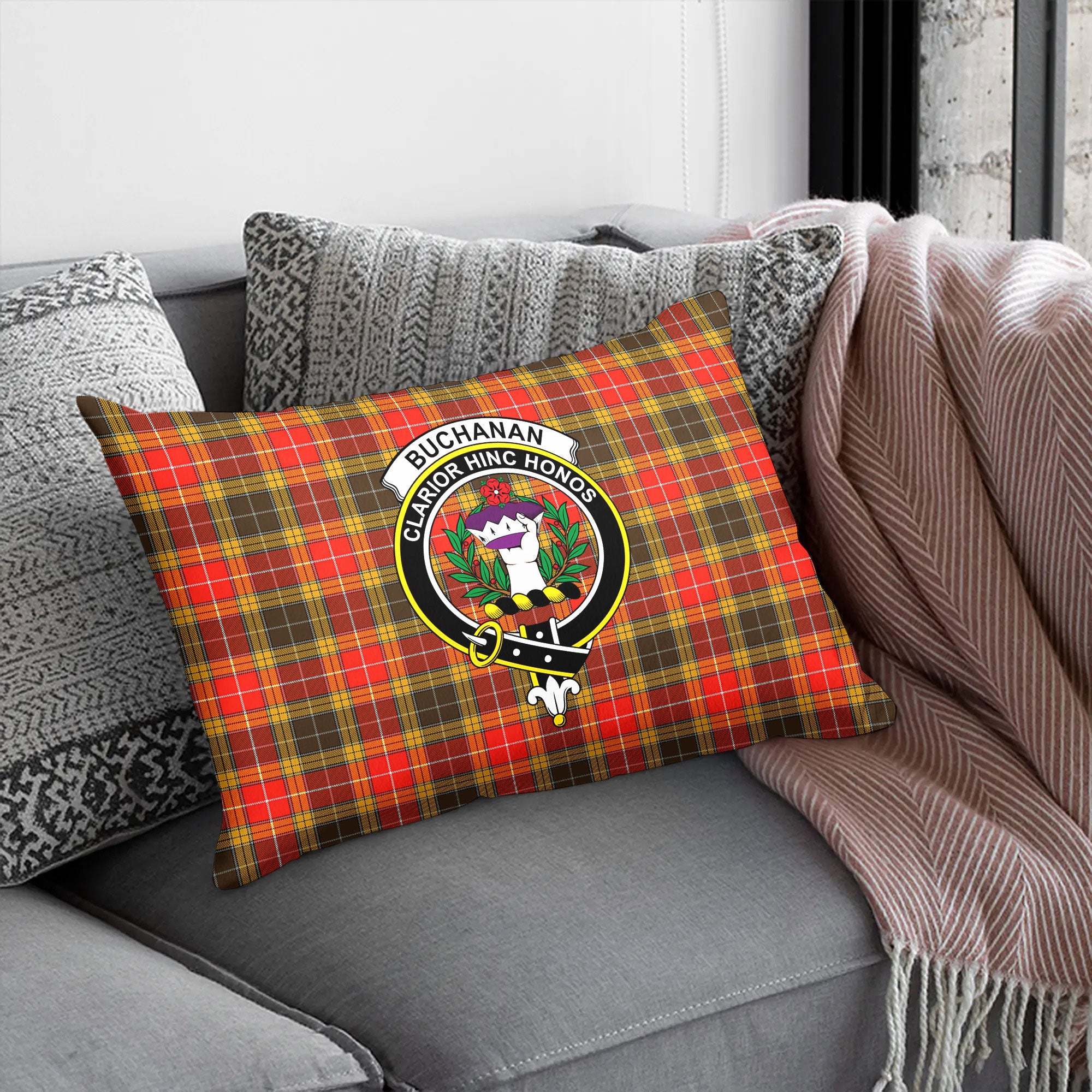 Buchanan Old Set Weathered Tartan Crest Pillow Cover