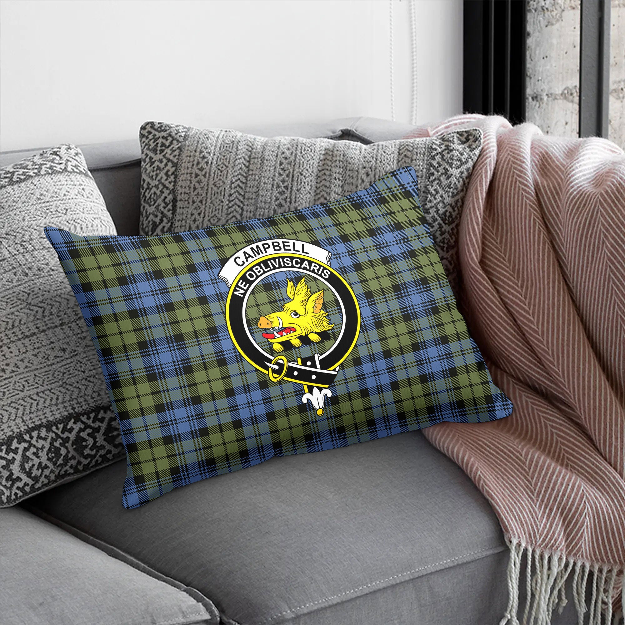 Campbell Faded Tartan Crest Pillow Cover