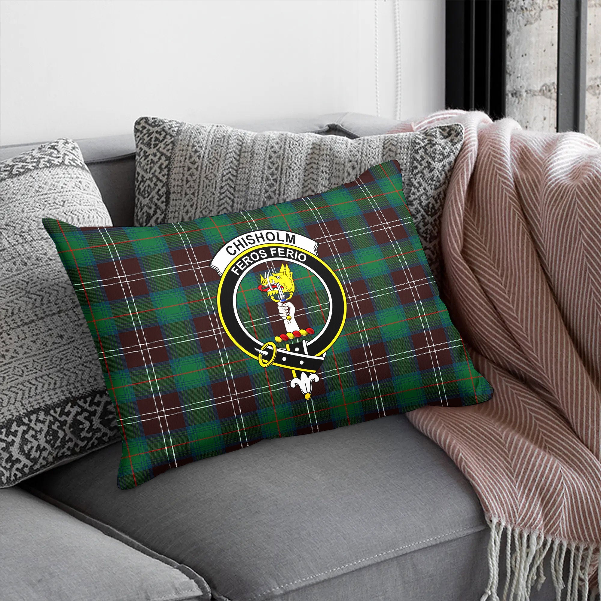 Chisholm Hunting Ancient Tartan Crest Pillow Cover