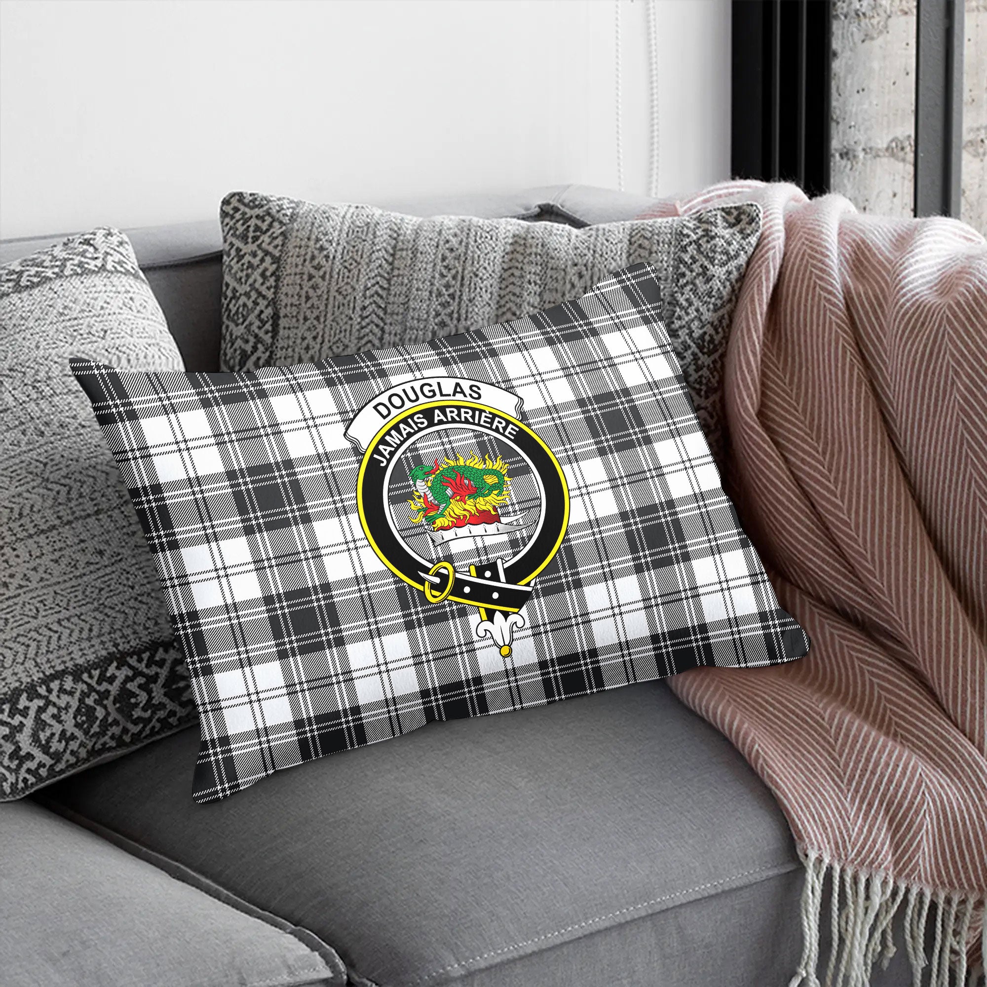 Douglas Grey Modern Tartan Crest Pillow Cover