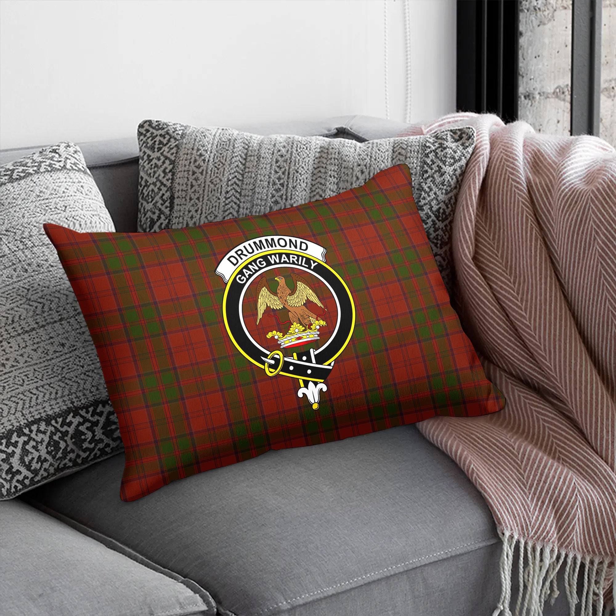 Drummond Clan Tartan Crest Pillow Cover