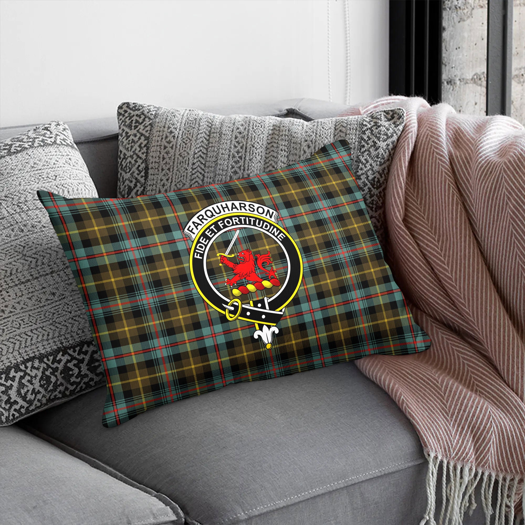 Farquharson Weathered Tartan Crest Pillow Cover