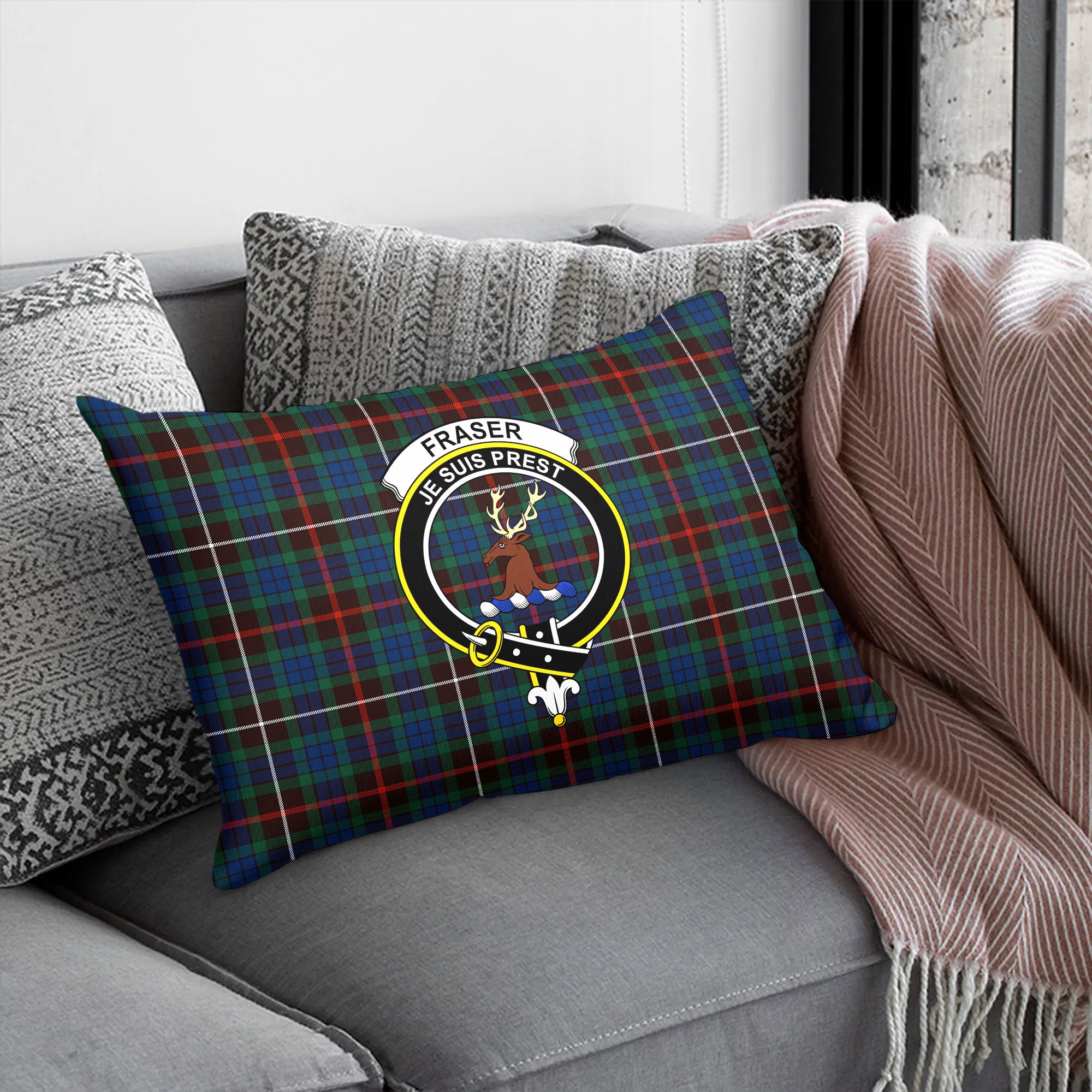 Fraser (of Lovat) Hunting Ancient Tartan Crest Pillow Cover