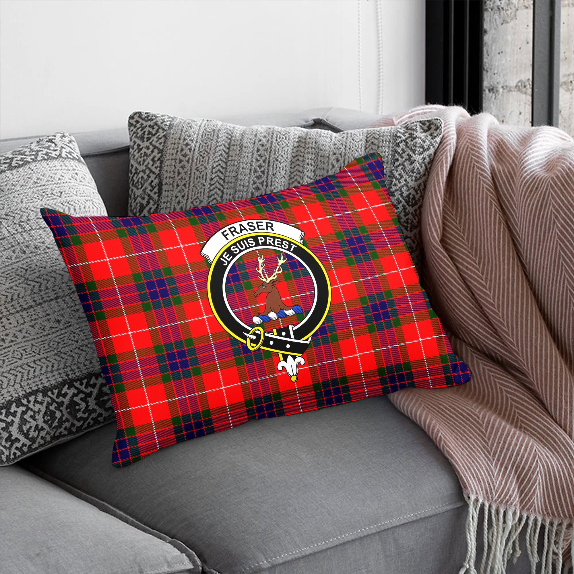 Fraser (of Lovat) Modern Tartan Crest Pillow Cover