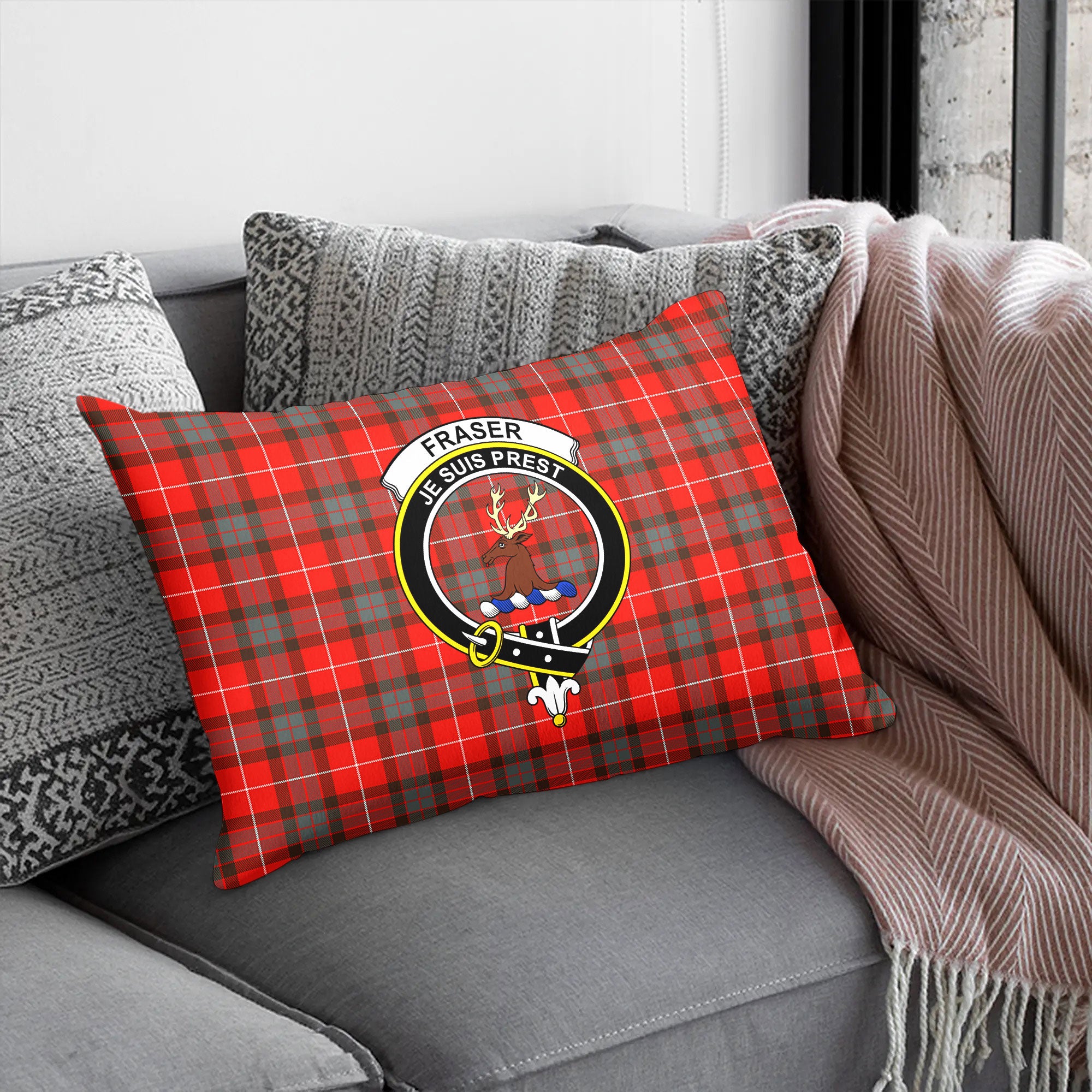 Fraser (of Lovat) Weathered Tartan Crest Pillow Cover