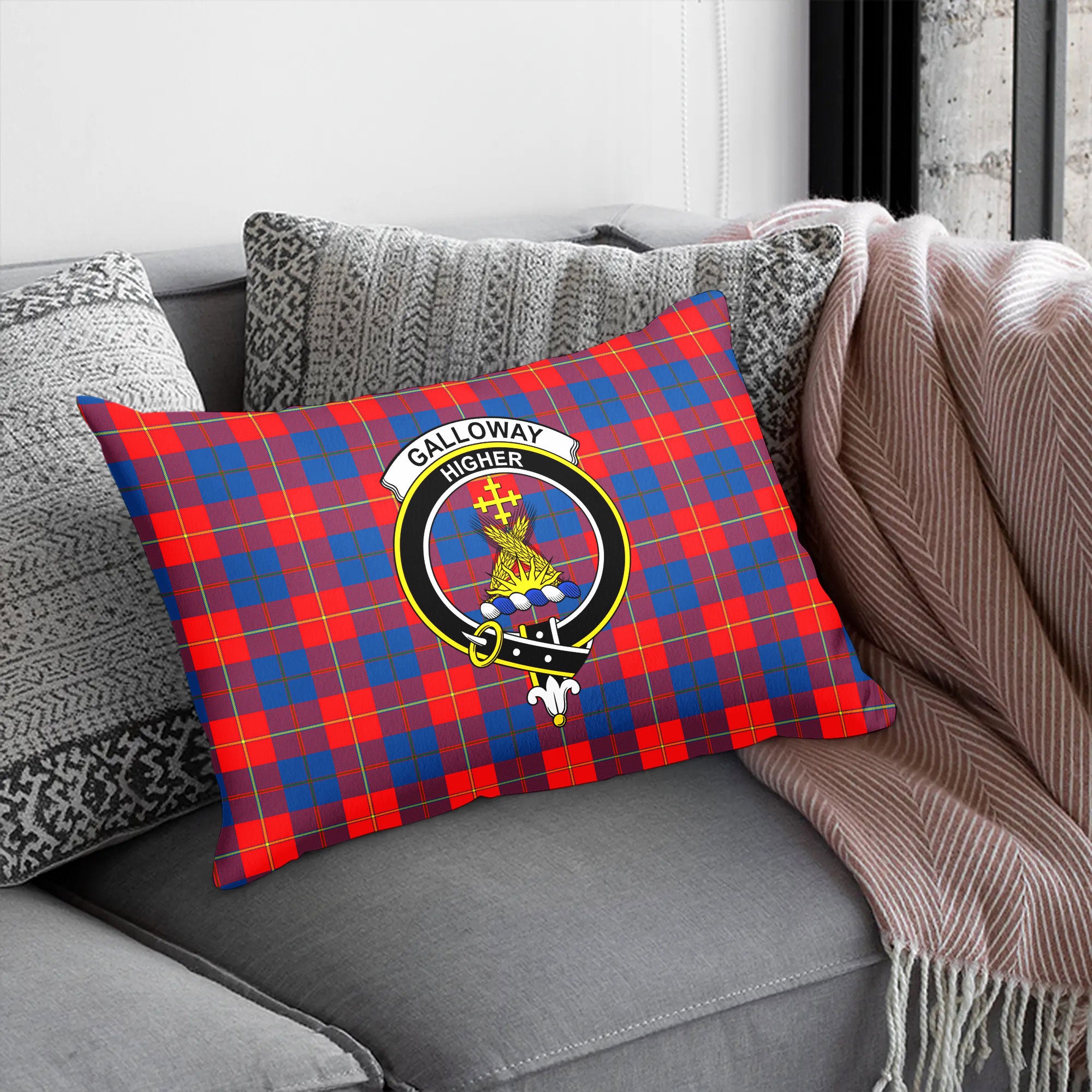 Galloway Red Tartan Crest Pillow Cover