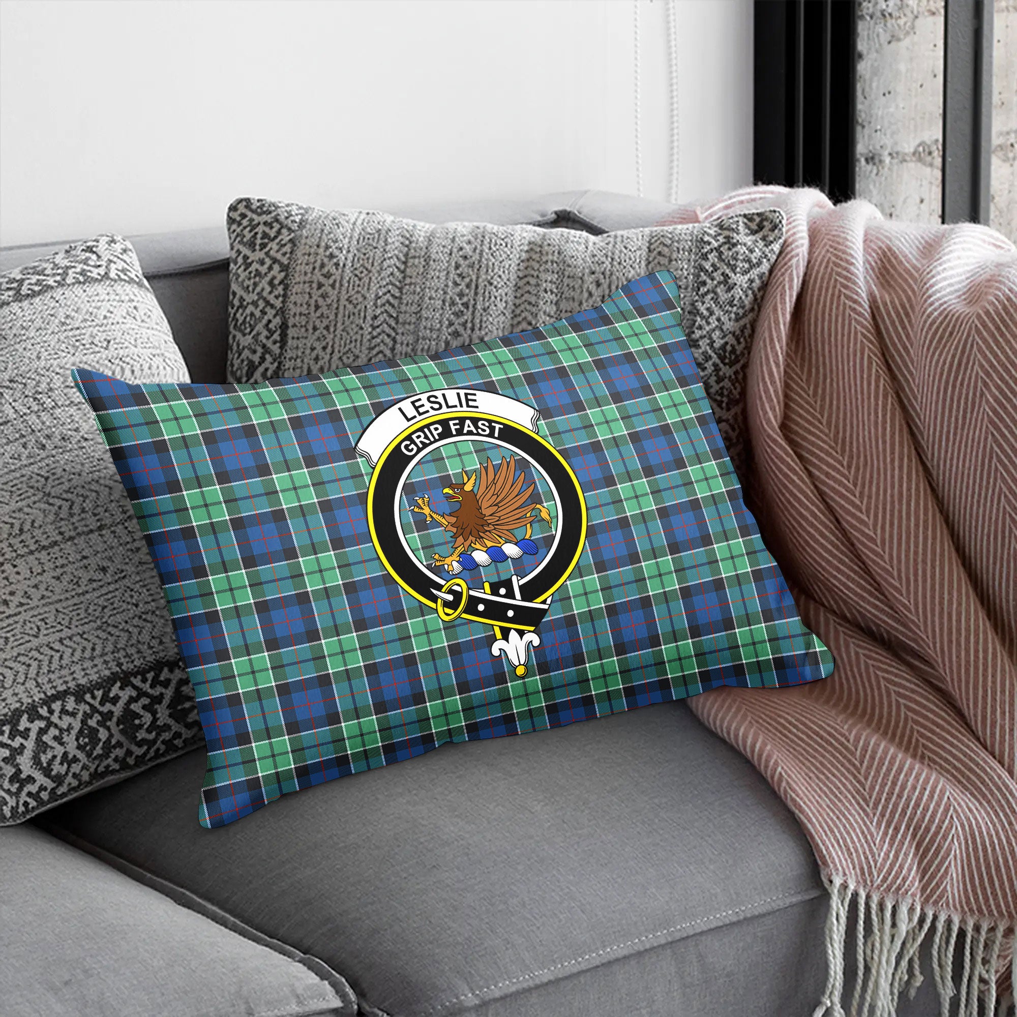 Leslie Hunting Ancient Tartan Crest Pillow Cover