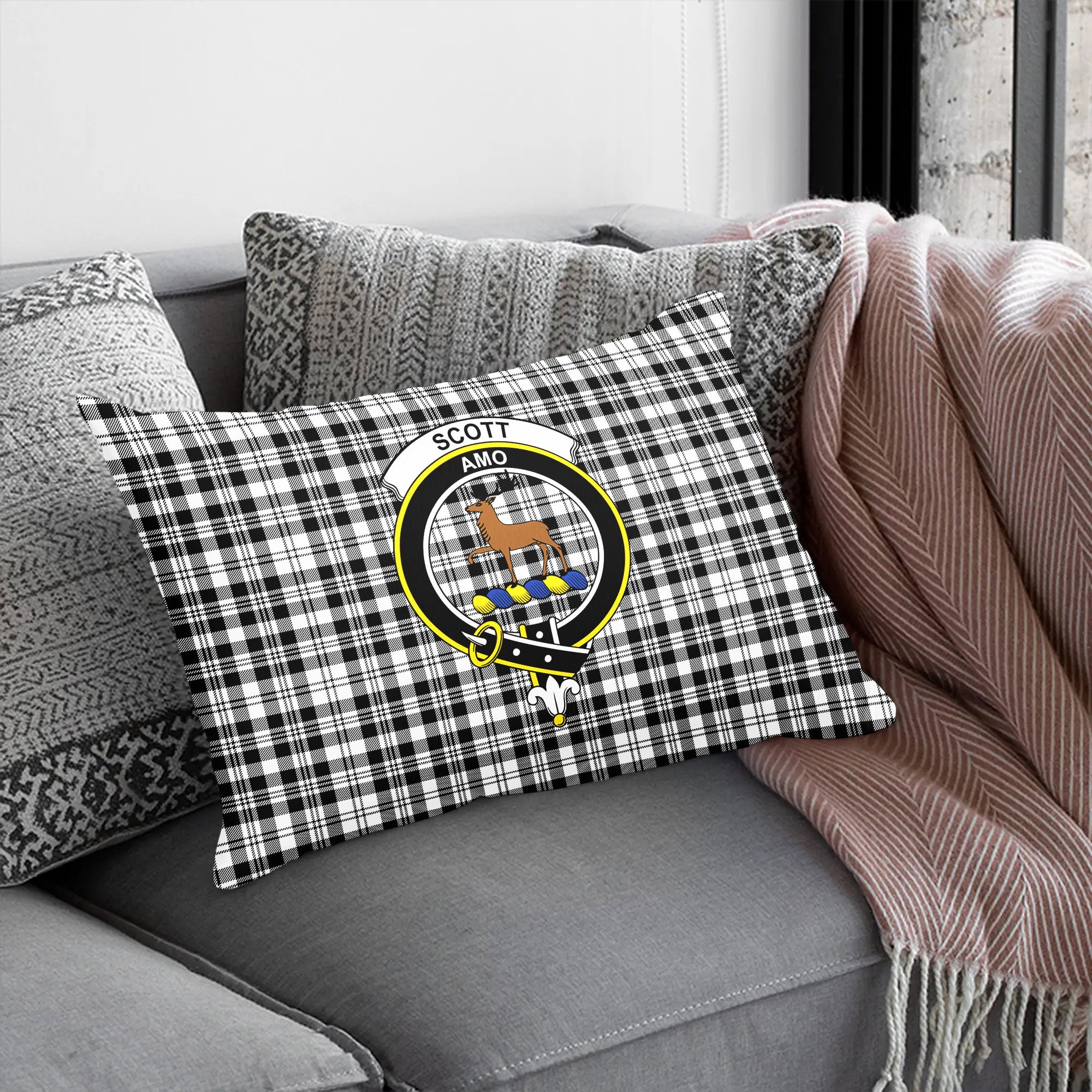 Scott Black & White Modern Tartan Crest Pillow Cover