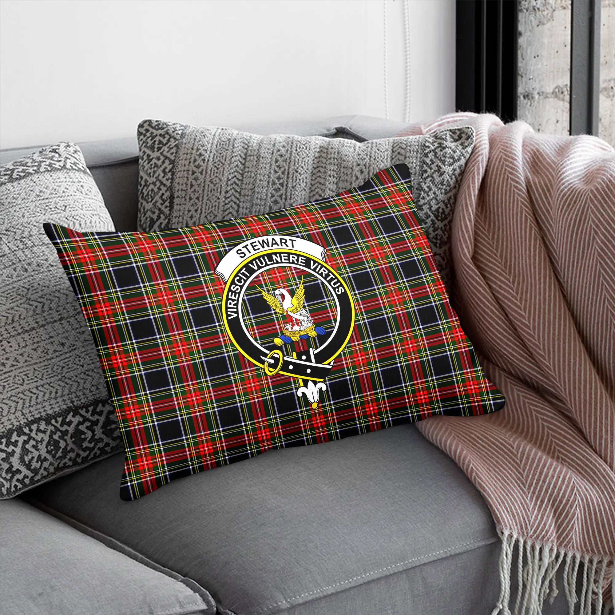 Stewart Black Tartan Crest Pillow Cover