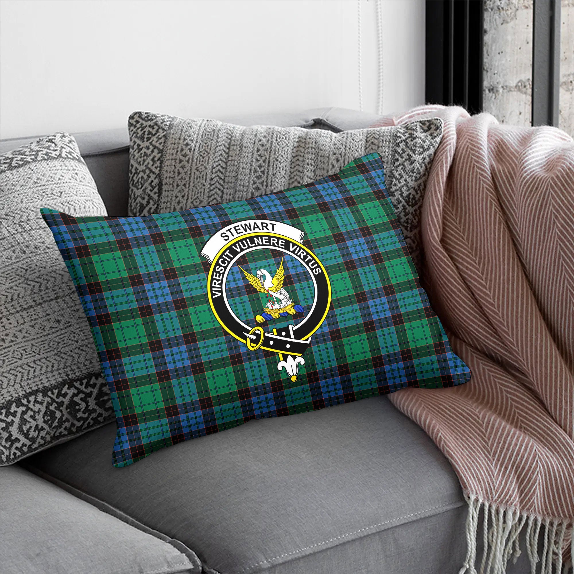 Stewart Old Ancient Tartan Crest Pillow Cover