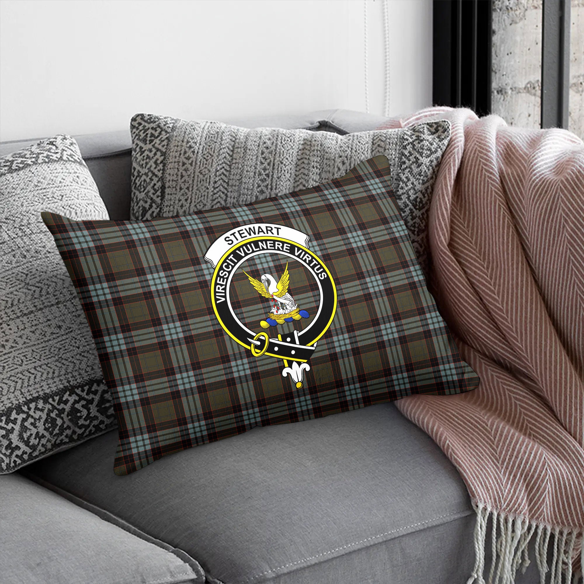 Stewart Old Weathered Tartan Crest Pillow Cover