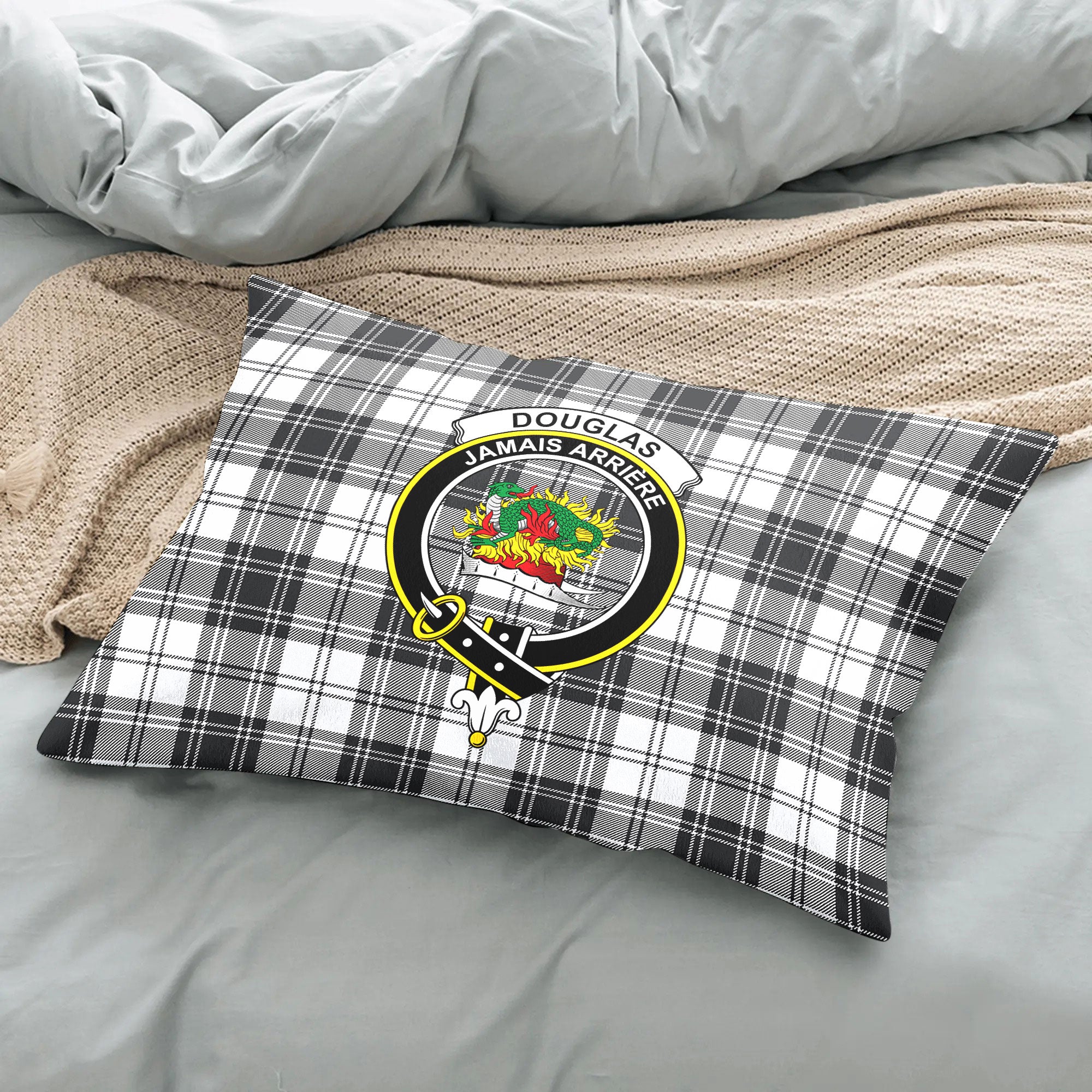 Douglas Grey Modern Tartan Crest Pillow Cover