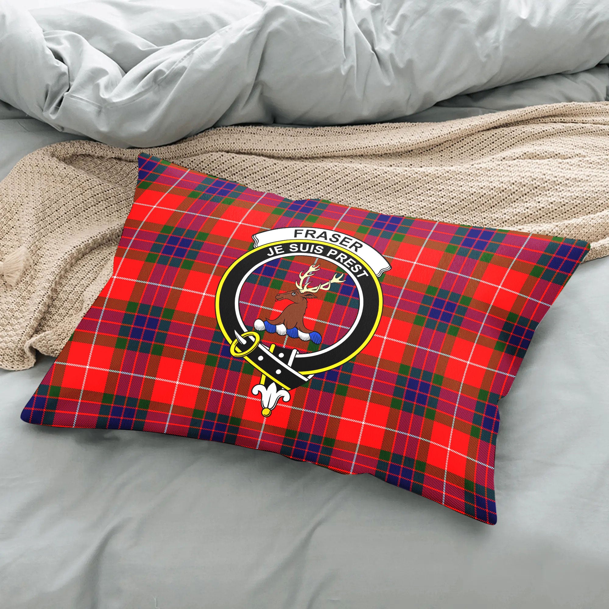 Fraser (of Lovat) Modern Tartan Crest Pillow Cover