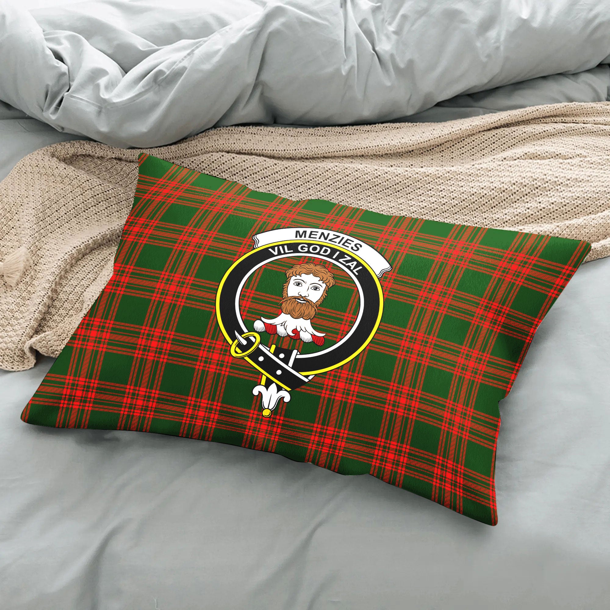 Menzies Green Modern Tartan Crest Pillow Cover