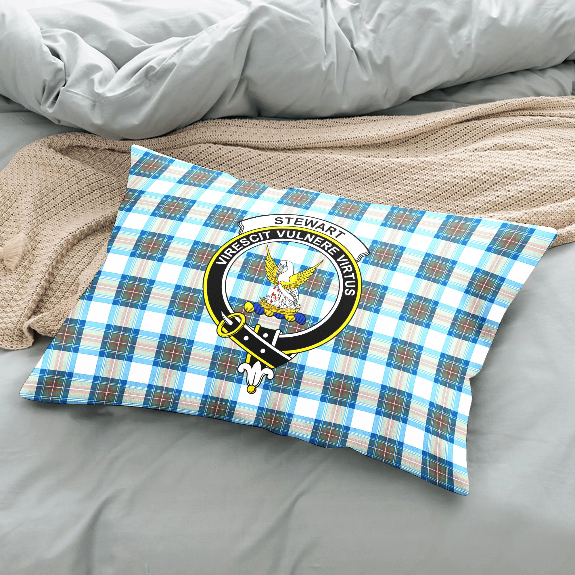 Stewart Muted Blue Tartan Crest Pillow Cover