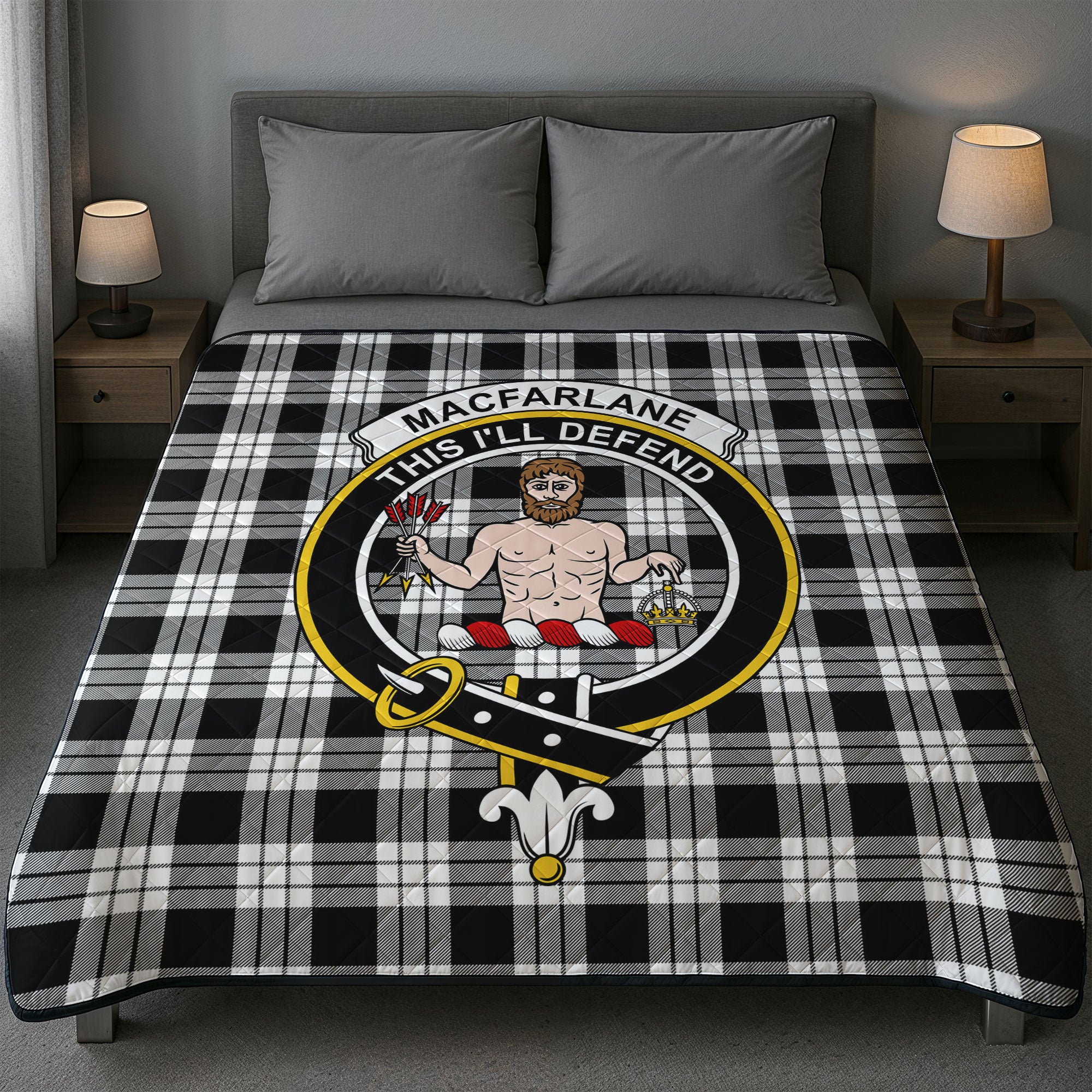 MacFarlane Black - White Tartan Crest Quilt