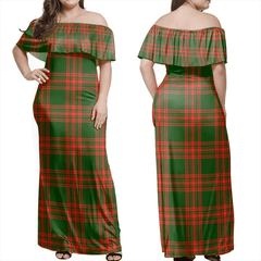 Menzies Green Modern Tartan Off Shoulder Long Dress