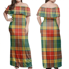 Buchanan Old Set Weathered Tartan Off Shoulder Long Dress