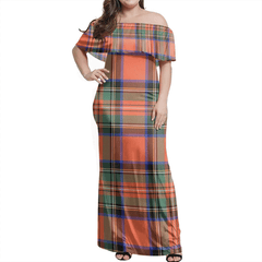 Stewart Royal Ancient Tartan Off Shoulder Long Dress