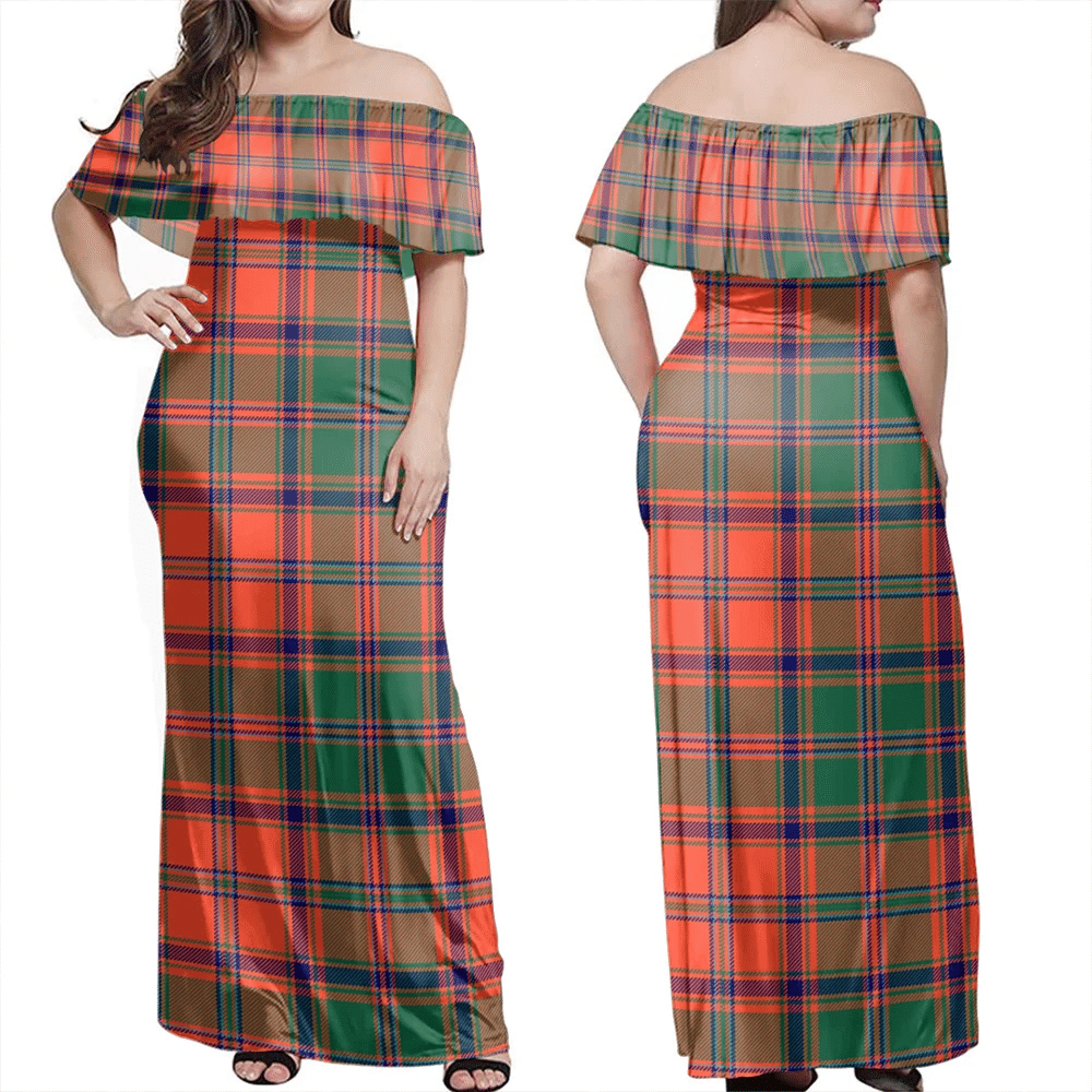 Stewart Of Appin Ancient Tartan Off Shoulder Long Dress