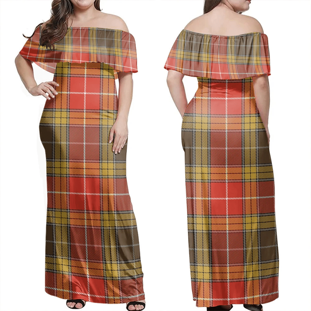 Buchanan Old Set Tartan Off Shoulder Long Dress