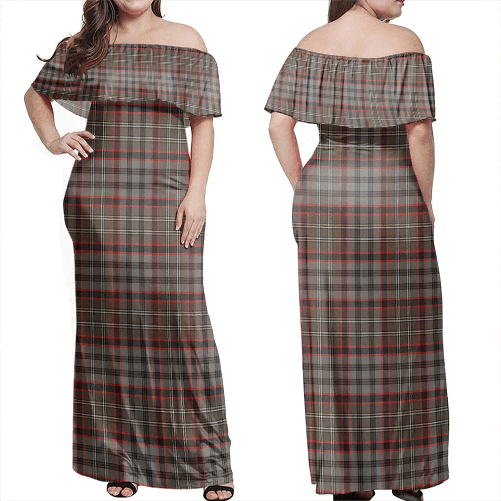 Nicolson Hunting Weathered Tartan Off Shoulder Long Dress