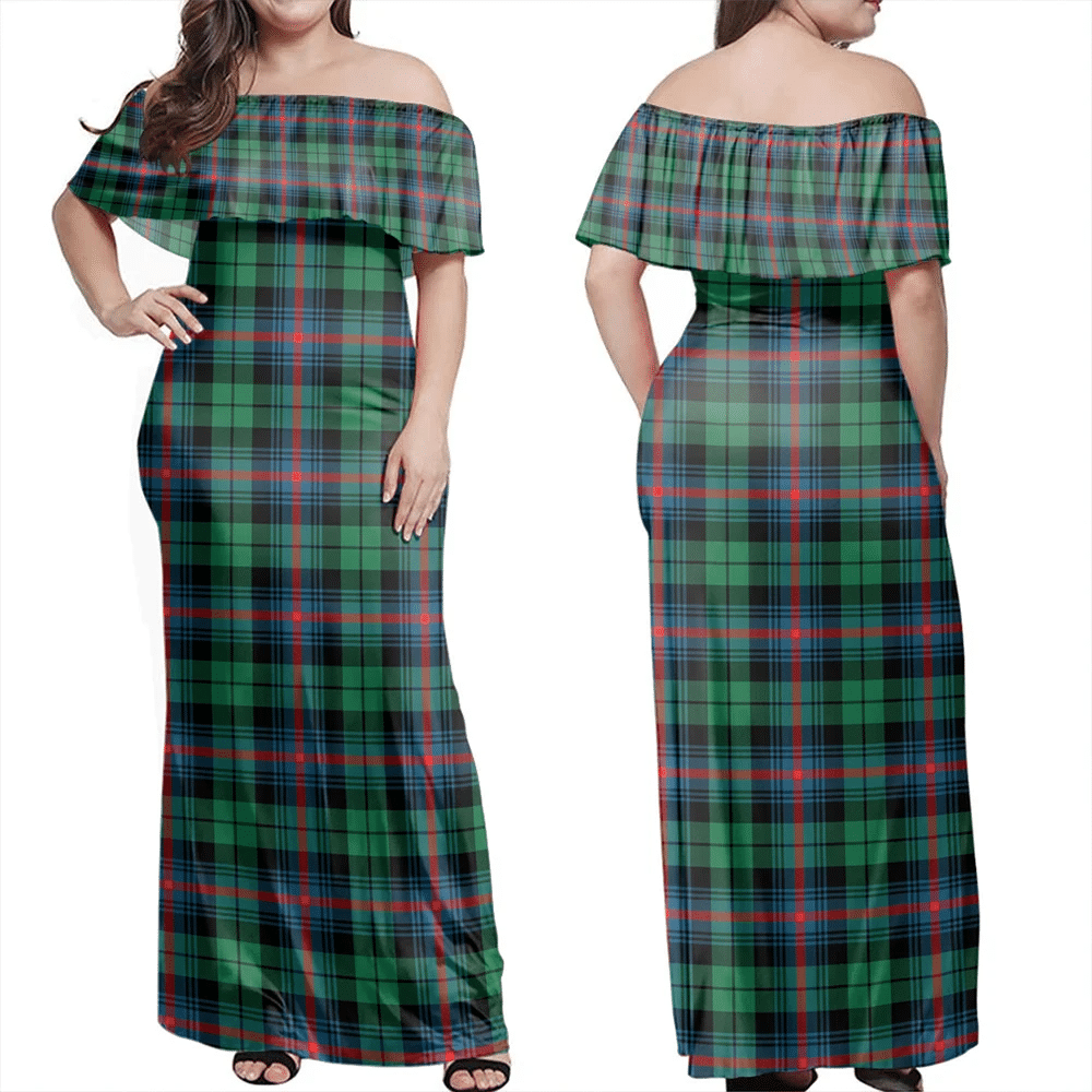 Urquhart Broad Red Ancient Tartan Off Shoulder Long Dress