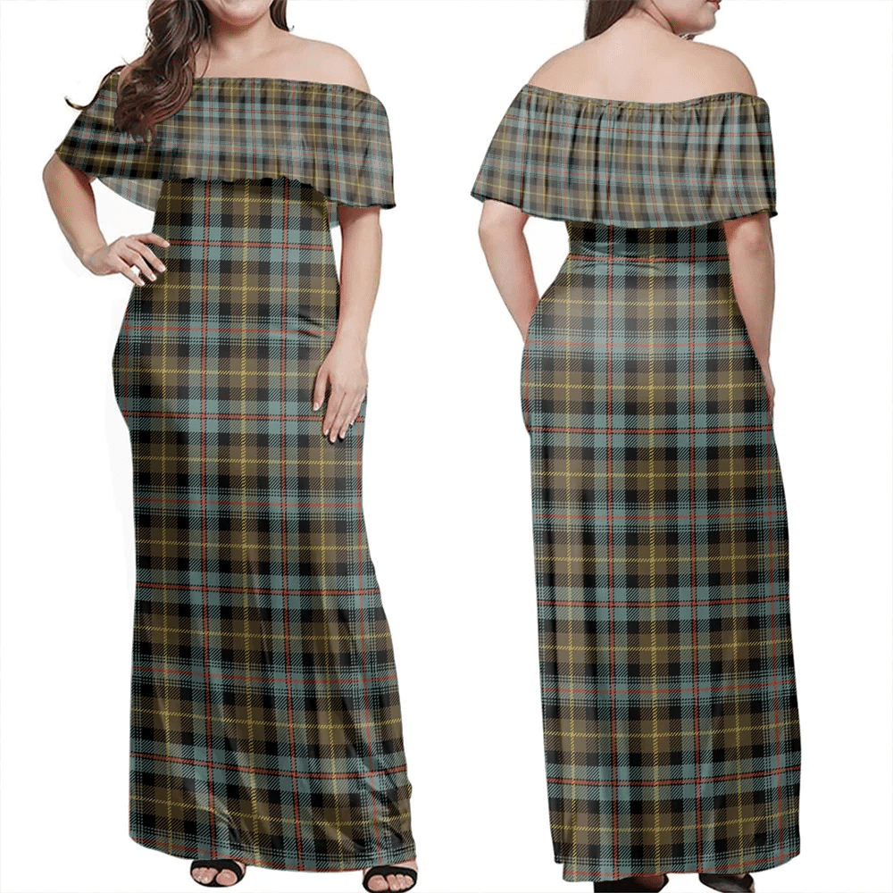 Farquharson Weathered Tartan Off Shoulder Long Dress